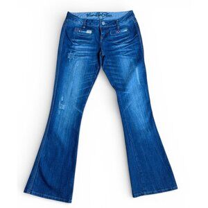 Vanilla Star Womens Low Rise Flare Jeans Med Wash Patchwork Detailing Blue Sz 7